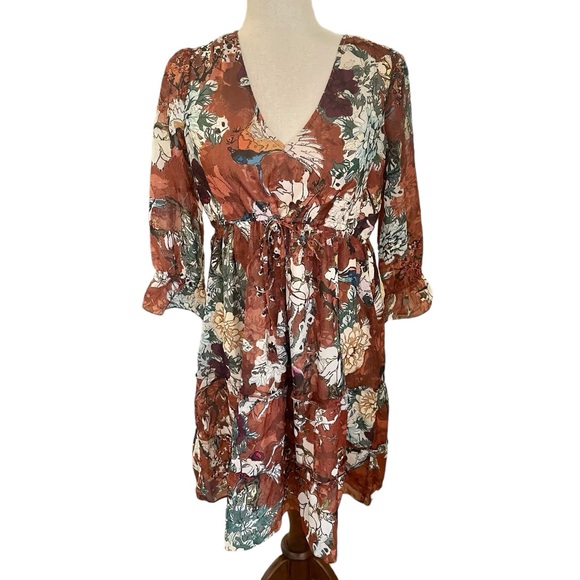 Hemant & Nandita ANTHROPOLOGIE Zeri Brown Floral Tiered Peasant Dress - Picture 2 of 16